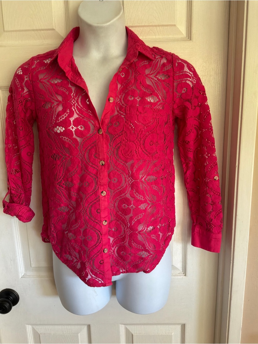 Anthropologie Bright Hot Pink Lace Button-Down Shirt